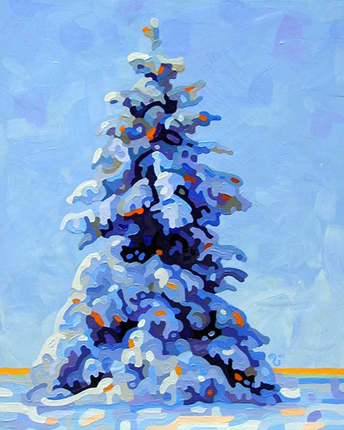 original abstract landscape painting of a single pine tree in winter