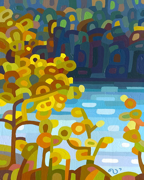 original abstract landscape painting of a fall day on a northern lake