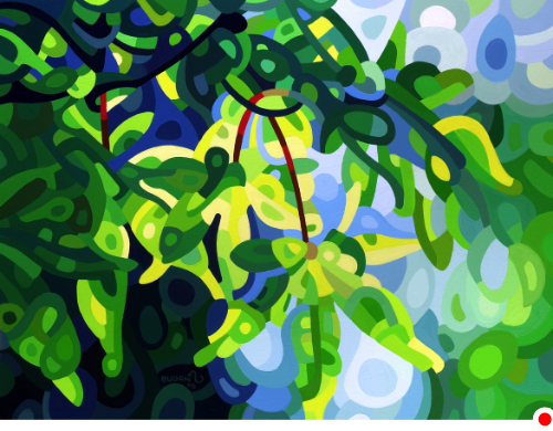 original abstract landscape painting of green leaves backit against a spring day