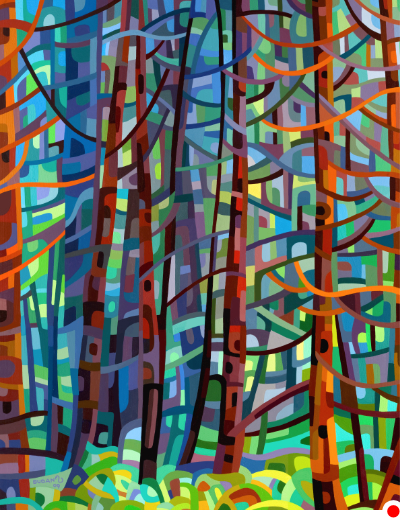 original abstract landscape painting of a forest of pine trees on a summer day