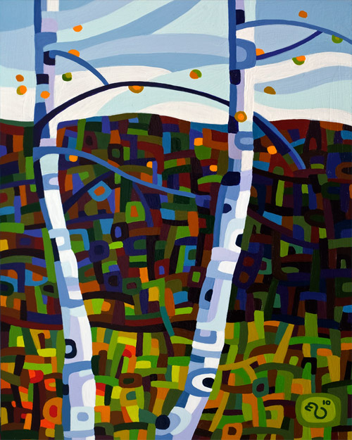 original abstract landscape painting of two birch trees in the fall