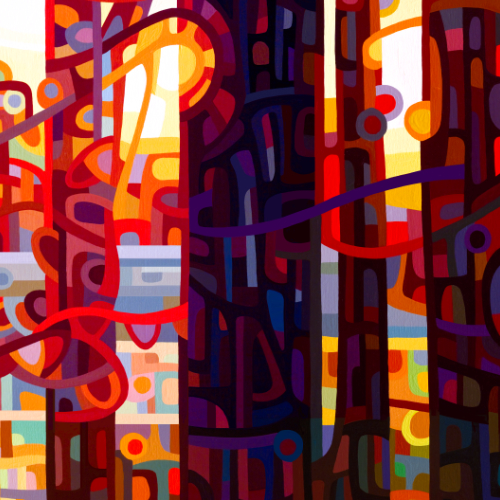 original abstract landscape painting of a dark red forest sunrise