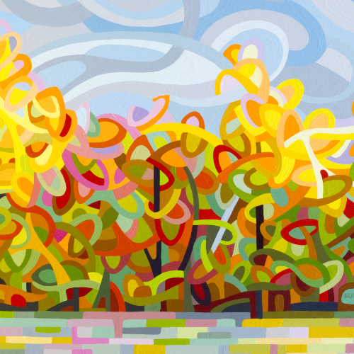 original abstract landscape painting of an autumn lake shore