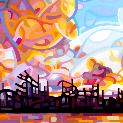 original abstract landscape painting of sunset over a quiet lake