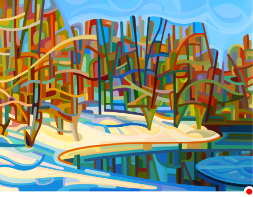 original abstract landscape winter pond forest blue orange