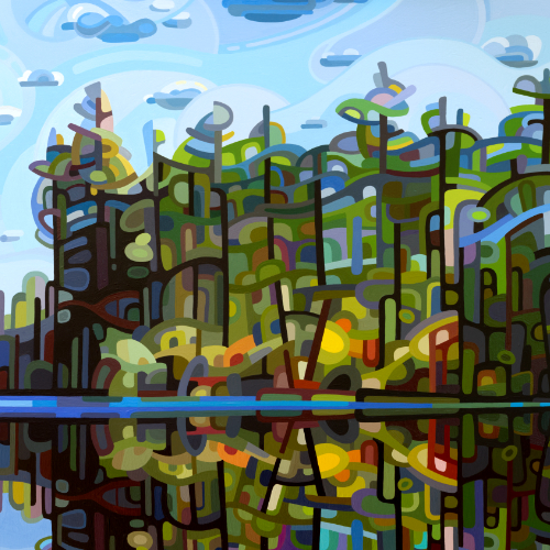 original abstract landscape painting colorful summer lake forest evening