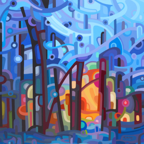 original abstract landscape painting of a winter forest morning snow sunrise