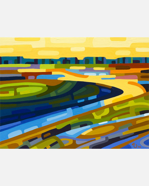 original abstract landscape study of yellow sunset wetlands