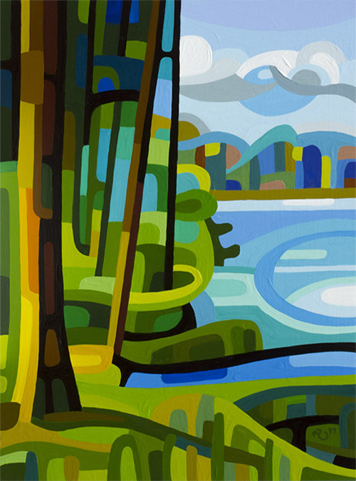 original abstract landscape study of a forest and lake in summer