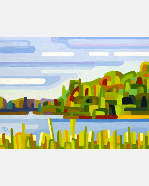 original abstract landscape study of a summer day at a quiet lake with blue and green