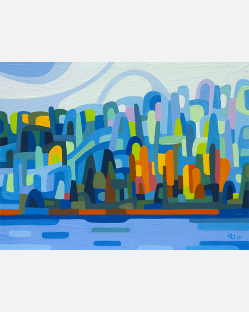 original abstract landscape study of a blue and green shore on a summer morning