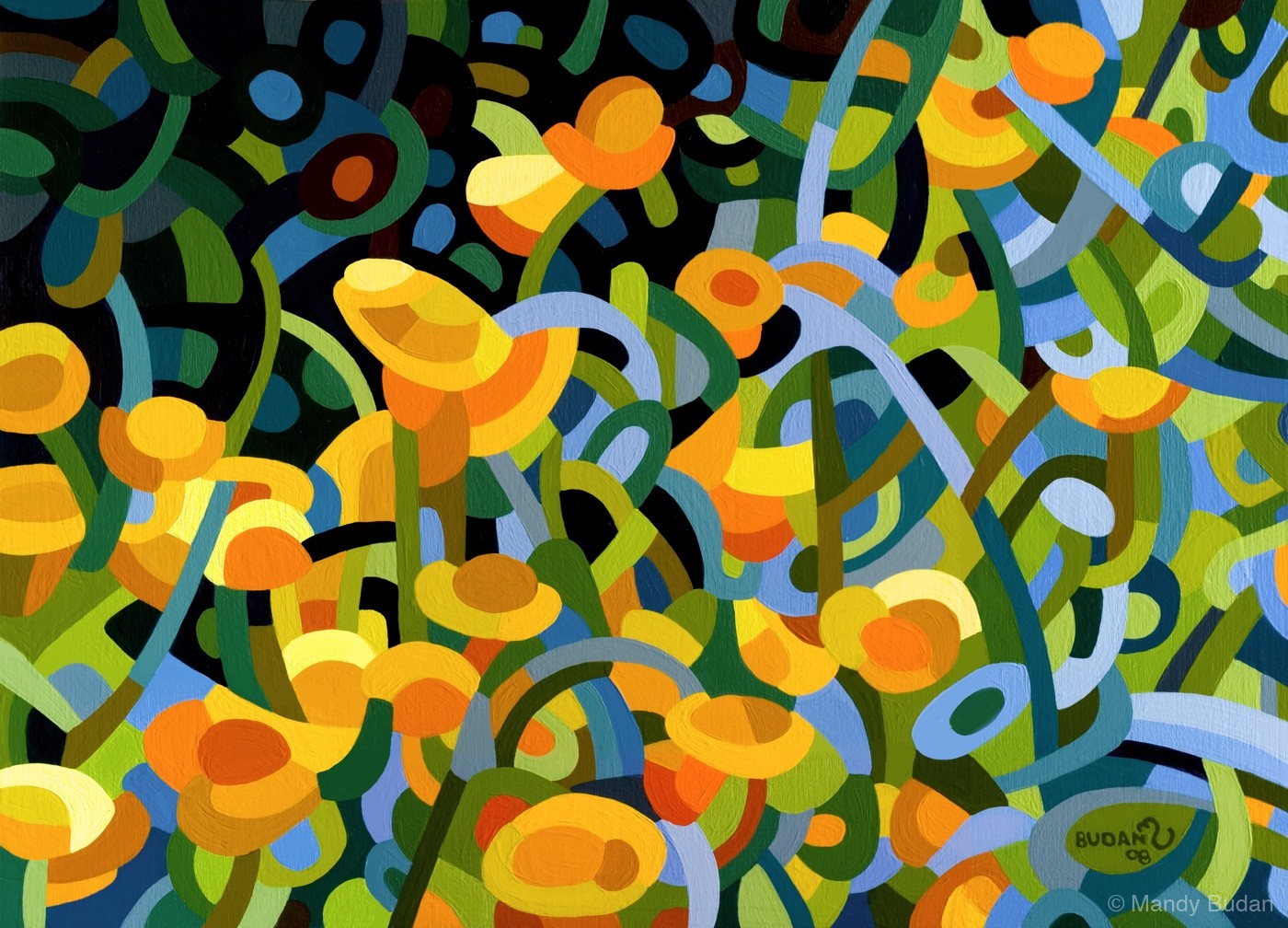 Orange and yellow poppies grace a backdrop of green and blue shadows. by Mandy Budan