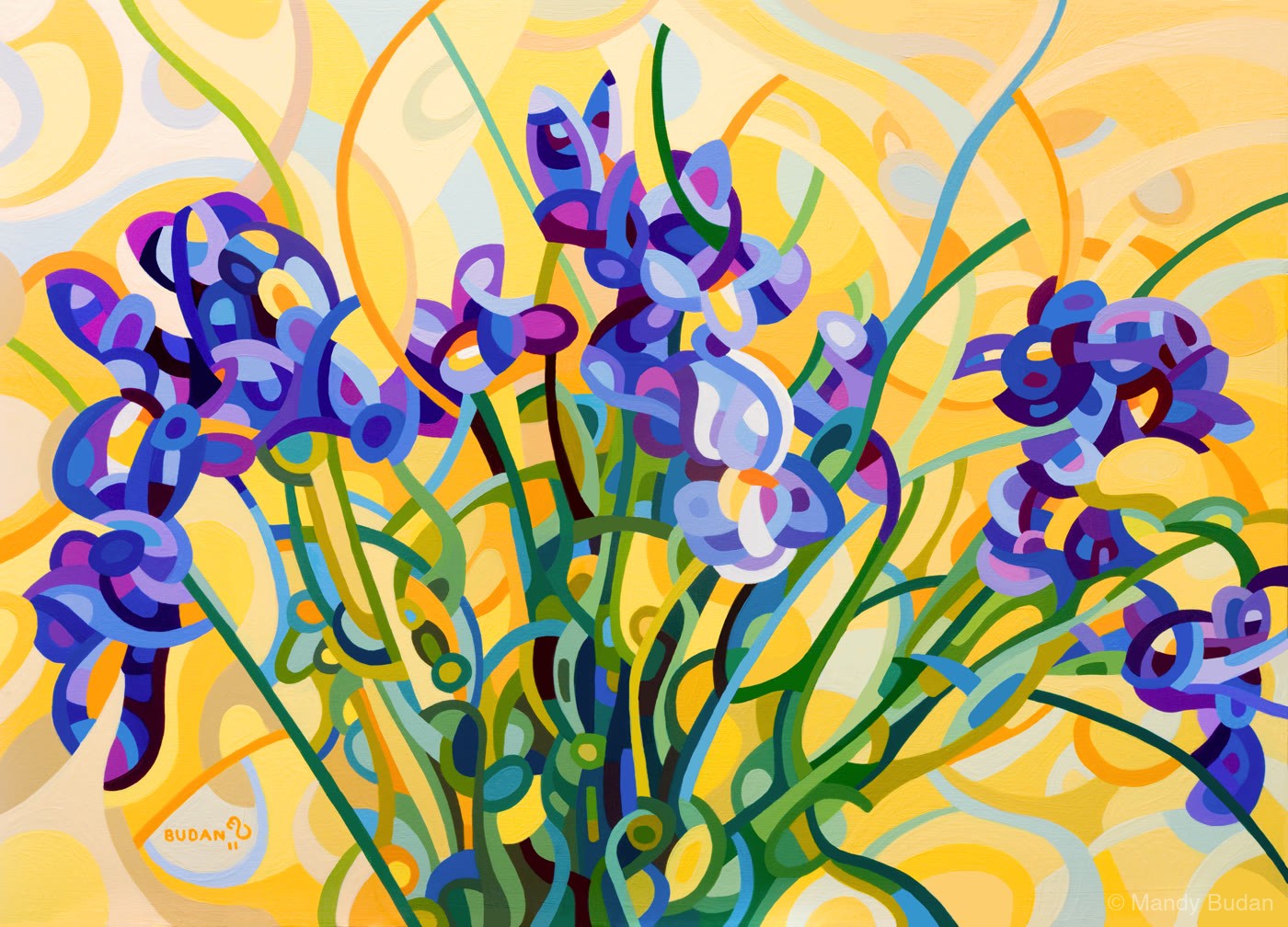 A boisterous tangle of green stems and purple blossoms creates a graceful arc against a tumultuous sky of gold. by Mandy B...