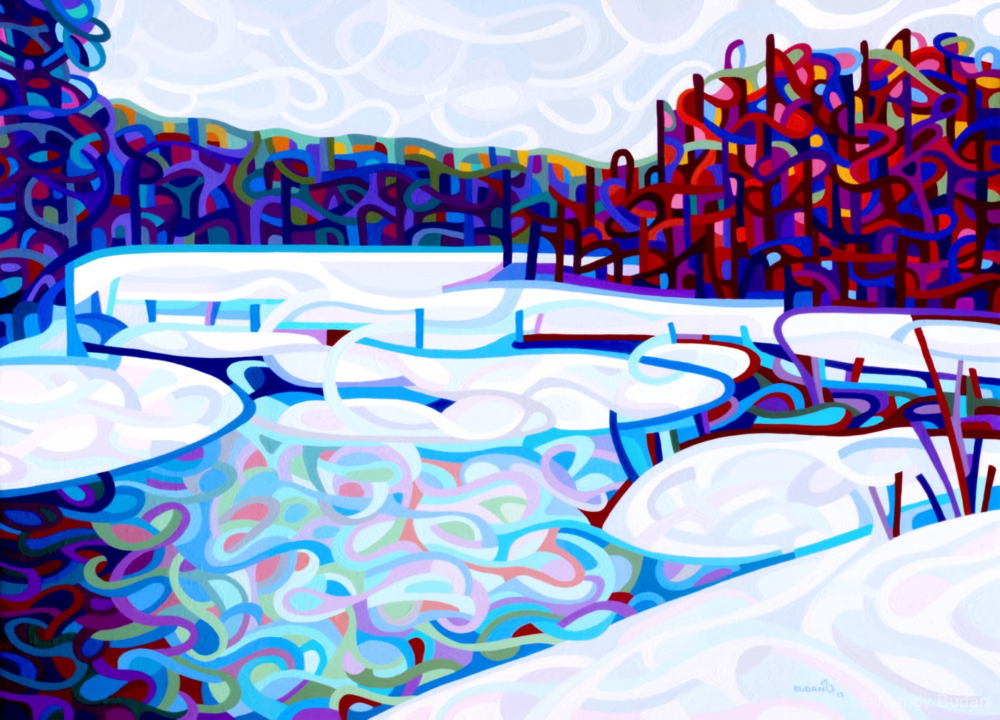 A quiet winter day where the sky is grey and the pond is still, just beginning to thaw as winter warms to spring. by Mandy...