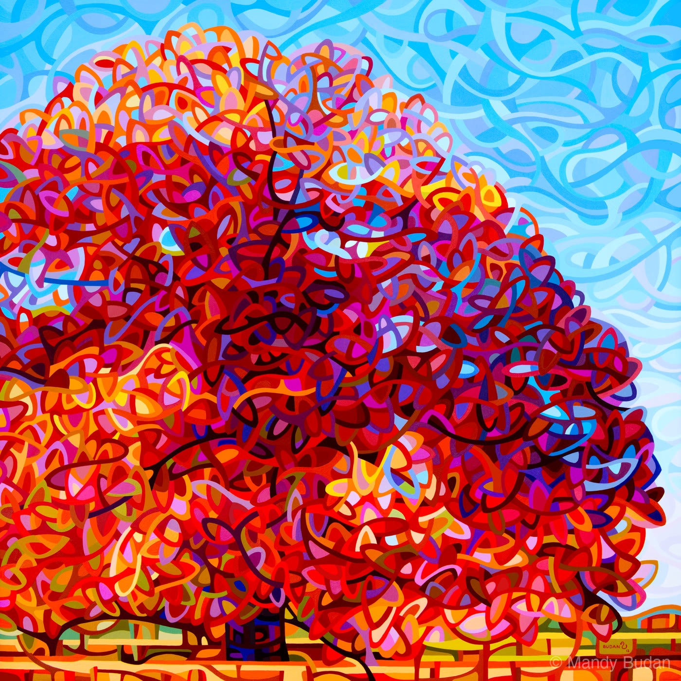 The Buddha Tree sits contemplatively in the field, the sun weaving in out and of its branches. Sky, land and tree are inex...