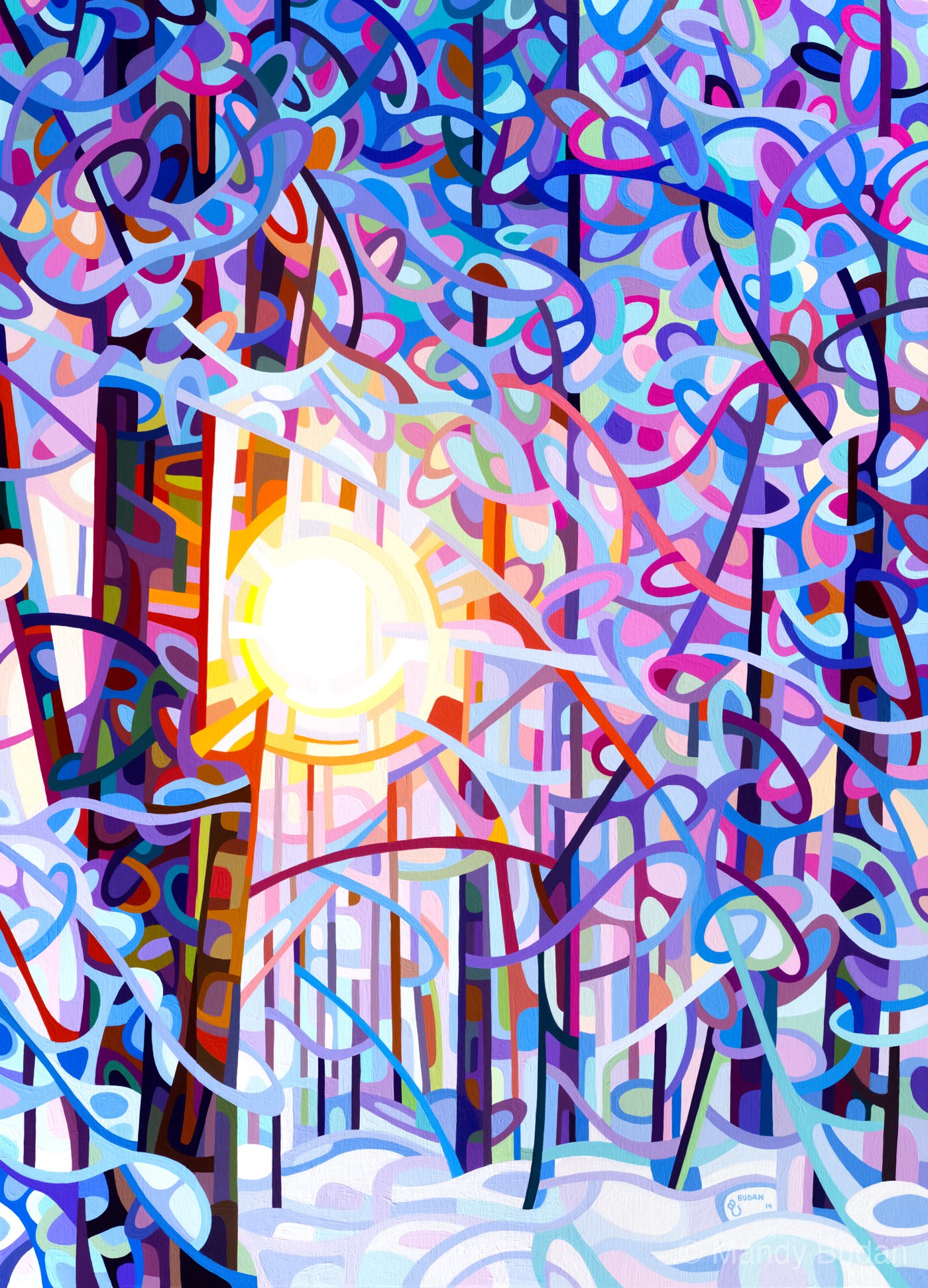 A quiet winter forest welcomes the morning sun. Dark trees play amongst the snow shadows of purple and blue. by Mandy Budan