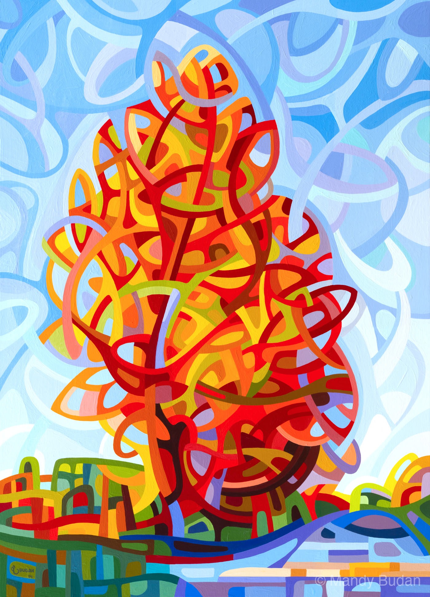 Autumn's jester playfully drenched in red and gold mocks the coming cold even as night begins to fall. by Mandy Budan