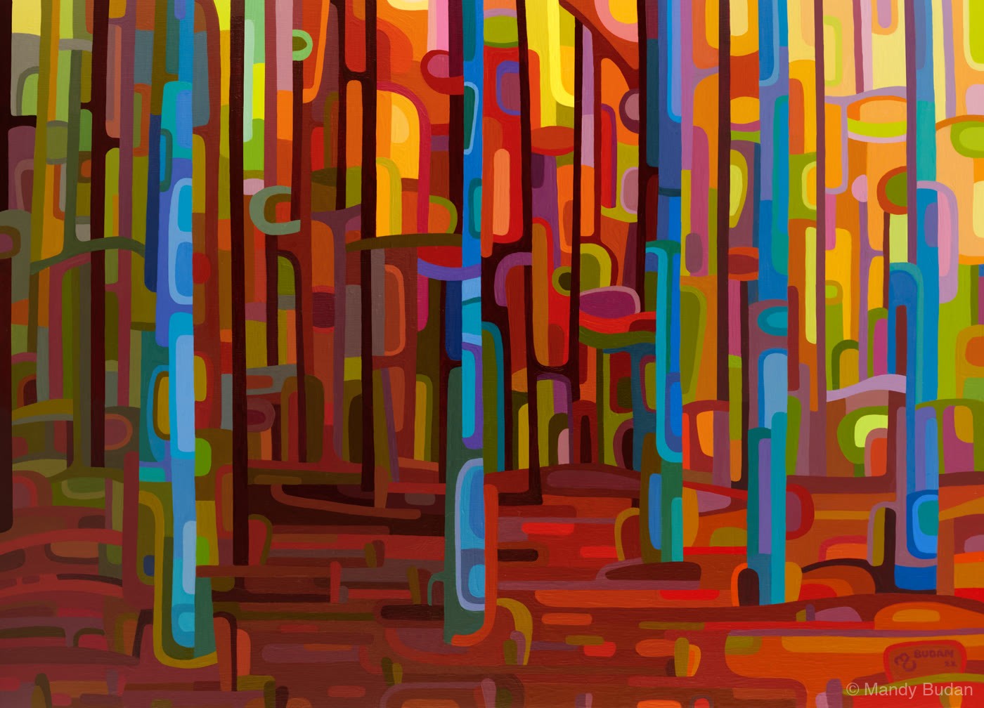 Out of the dark forest stately trees emerge from the shadows to walk the sunlit paths. by Mandy Budan