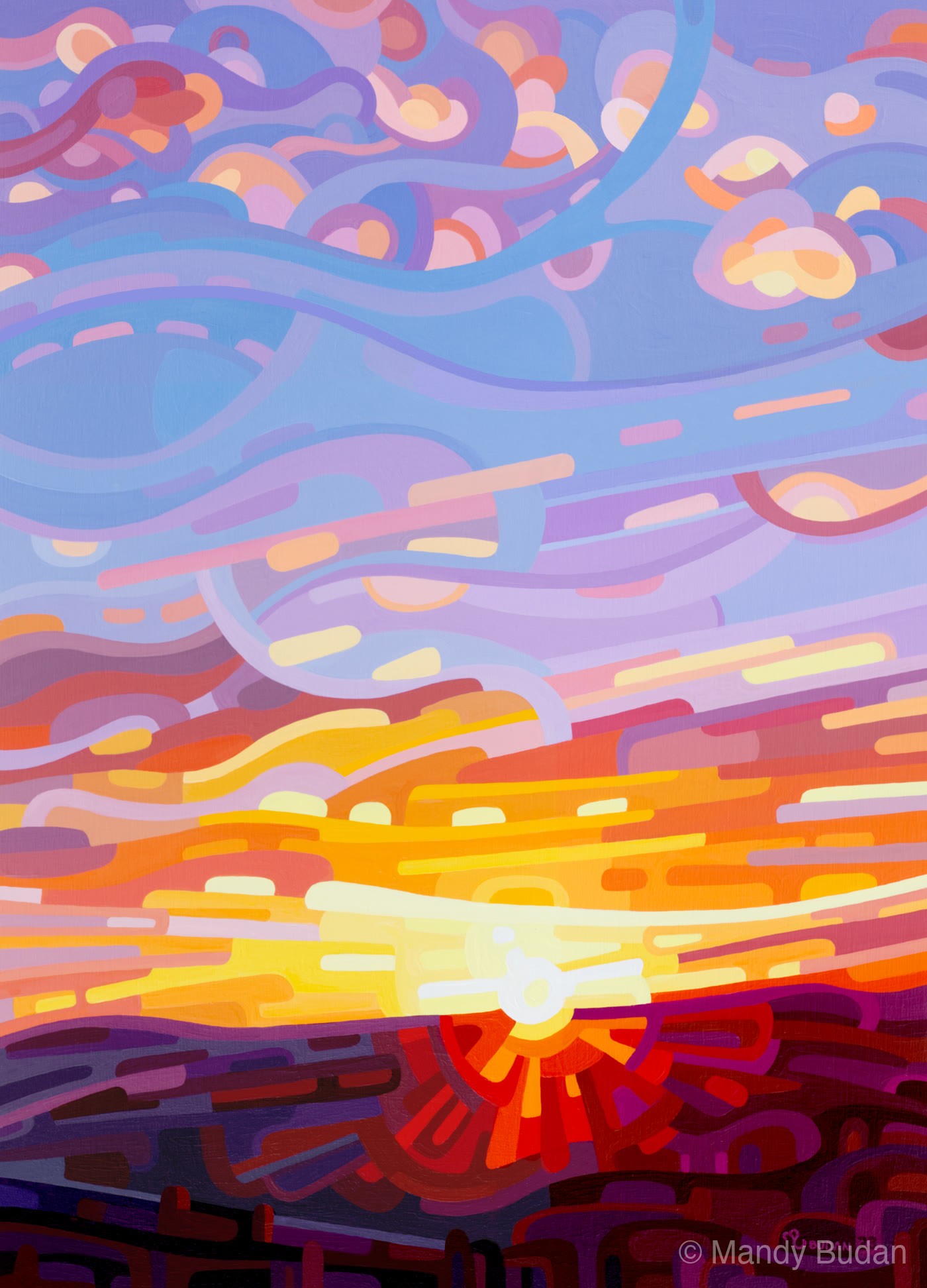 The sun drops from the sky sending showers of colours up into the coming night. by Mandy Budan