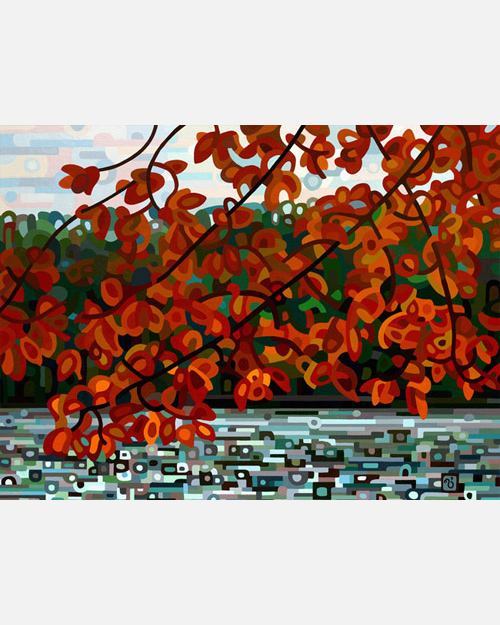 original abstract landscape painting of a maple tree overhanging a grey fall lake