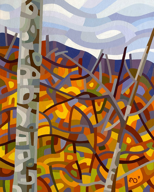 original abstract landscape painting of a fall hill covered in birches and maples