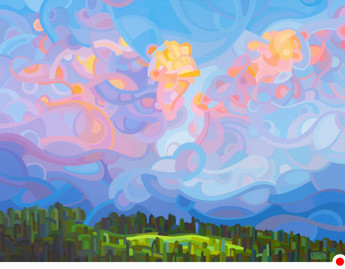 original abstract landscape painting of a boisterous sunset sky above a summer field