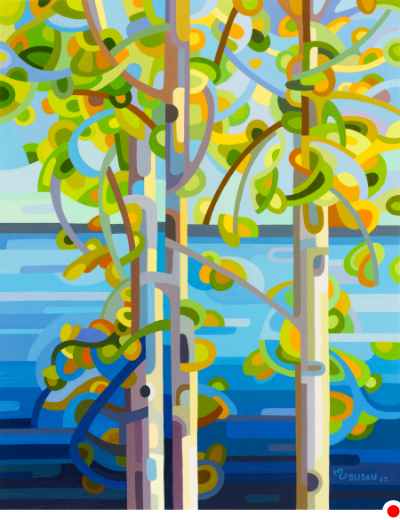 original abstract landscape painting of summer trees on the shores of a blue lake