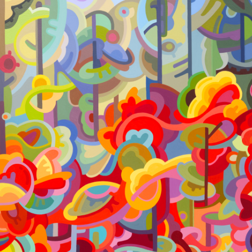 original abstract landscape painting of a colourful autumn forest shore